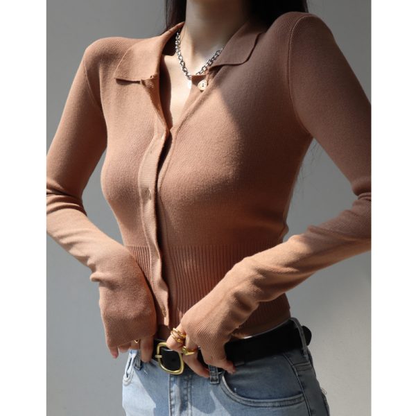 Retro Slim-Fit Long Sleeve Knitted Cardigan Top with Polo Collar and Tie Waist for Women - Y2K Style