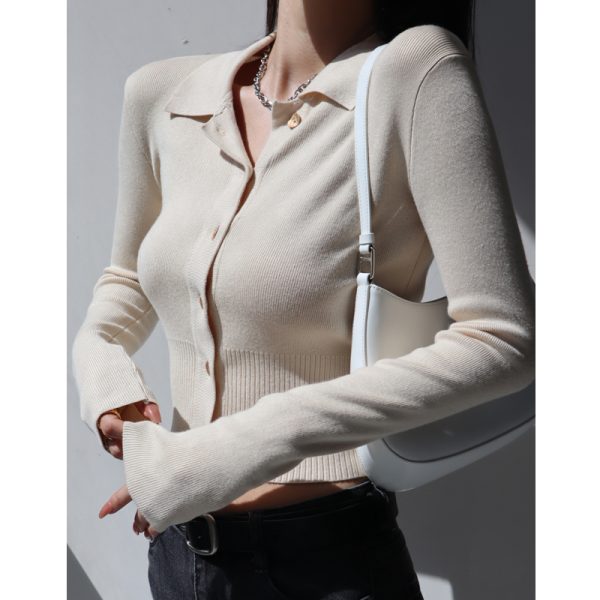 Retro Slim-Fit Long Sleeve Knitted Cardigan Top with Polo Collar and Tie Waist for Women - Y2K Style