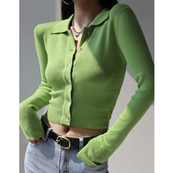 Retro Slim-Fit Long Sleeve Knitted Cardigan Top with Polo Collar and Tie Waist for Women - Y2K Style