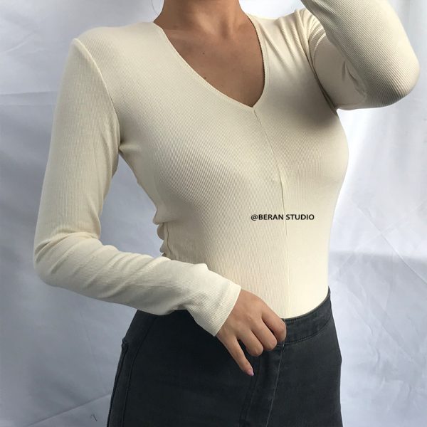 Retro Small V-Neck Slim Fit Solid Color Ribbed Long Sleeve T-Shirt Top - Comfortable Casual Fashion for Y2K and 90s Style