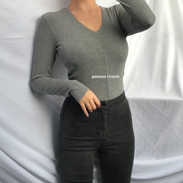 Retro Small V-Neck Slim Fit Solid Color Ribbed Long Sleeve T-Shirt Top - Comfortable Casual Fashion for Y2K and 90s Style