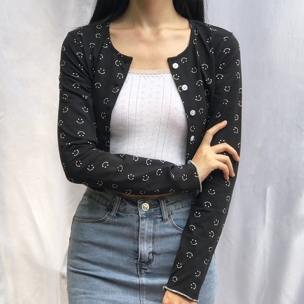 Retro Smiley Face Print Long Sleeve Cardigan T-Shirt Top with Round Neck, High Waist, and Short Hem â€“ Cute Y2K Style Fashion