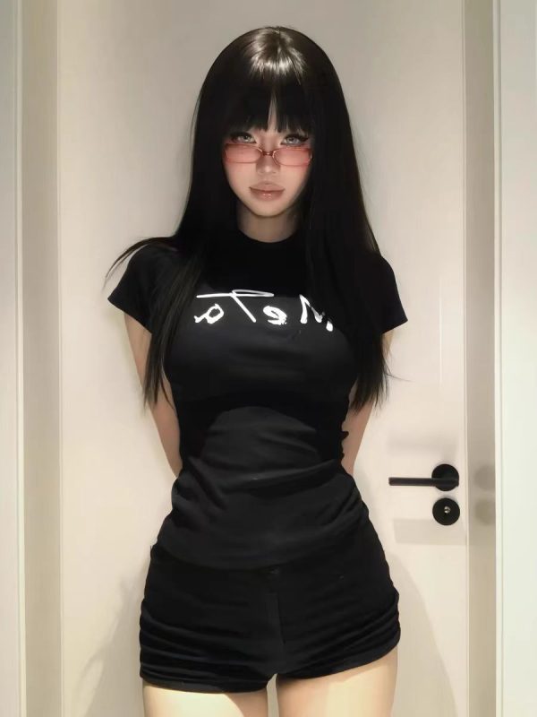 Retro Spicy Girl Letter Print Short Sleeve T-Shirt for Women - Waist-Cinching, Slim-Fit Stretchy Summer Top