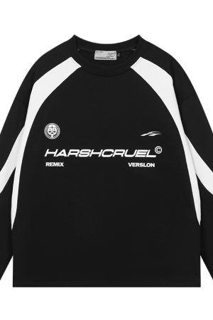 Retro Sports Street Style Loose Round Neck Long Sleeve T-Shirt â€“ Harsh and Cruel Inspired Fashion for 90s and Y2K Vibe