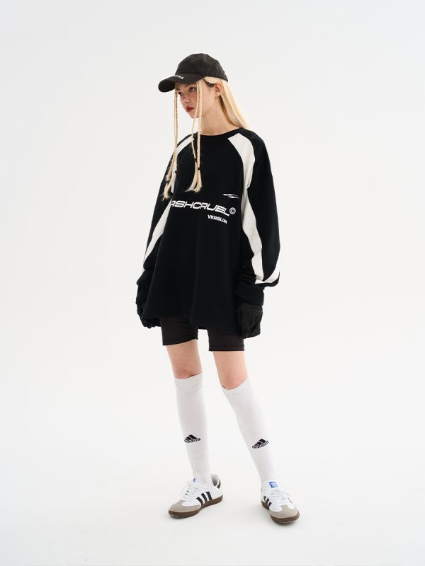 Retro Sports Street Style Loose Round Neck Long Sleeve T-Shirt â€“ Harsh and Cruel Inspired Fashion for 90s and Y2K Vibe