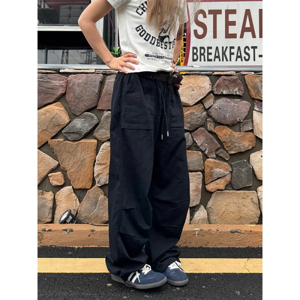 Retro Straight Loose Work Pants for Men and Women - Casual Elastic Waist Versatile Wrinkled Long Pants for Everyday Style