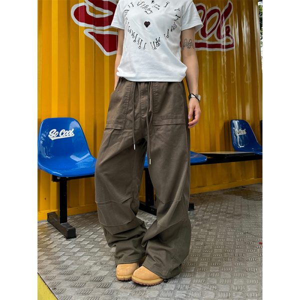 Retro Straight Loose Work Pants for Men and Women - Casual Elastic Waist Versatile Wrinkled Long Pants for Everyday Style