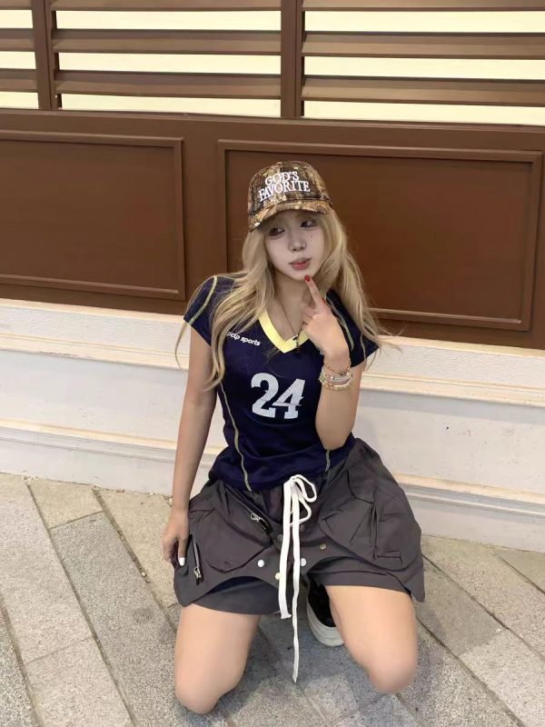 Retro V-Neck Short Sleeve Sports T-Shirt for Women â€“ Slim Fit, Sexy Design, 2025 Summer Fashion, Perfect for Casual and Active Wear