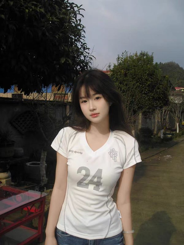 Retro V-Neck Short Sleeve Sports T-Shirt for Women â€“ Slim Fit, Sexy Design, 2025 Summer Fashion, Perfect for Casual and Active Wear
