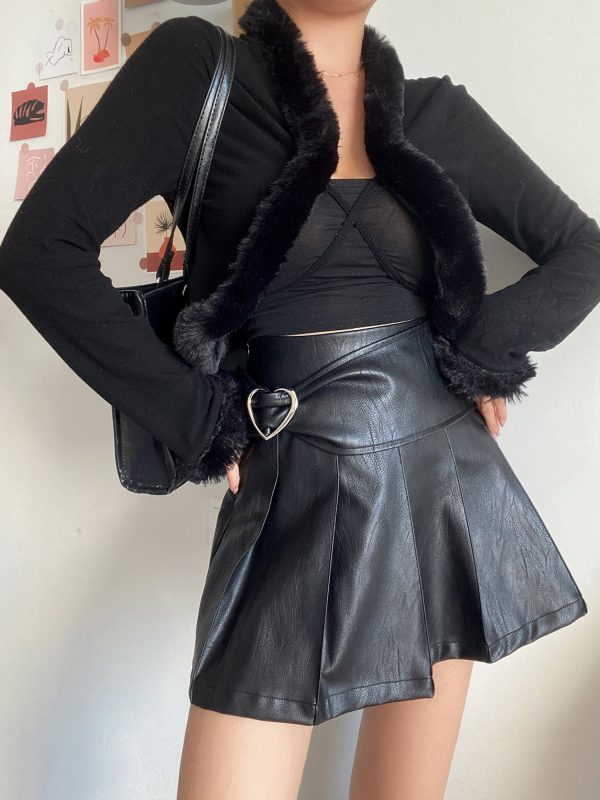 Retro V-Neck Tie Cute Fur Collar Spliced High-Waisted Short Cardigan Jacket for Women - 90s Inspired Fashion