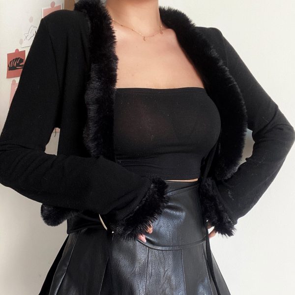 Retro V-Neck Tie Cute Fur Collar Spliced High-Waisted Short Cardigan Jacket for Women - 90s Inspired Fashion