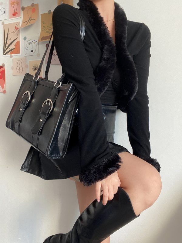Retro V-Neck Tie Cute Fur Collar Spliced High-Waisted Short Cardigan Jacket for Women - 90s Inspired Fashion