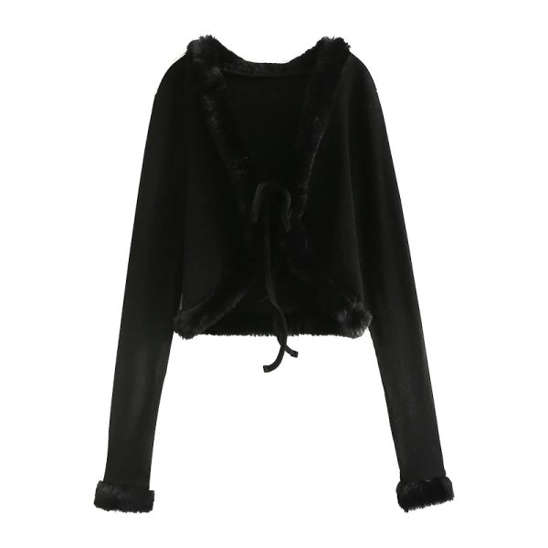 Retro V-Neck Tie Cute Fur Collar Spliced High-Waisted Short Cardigan Jacket for Women - 90s Inspired Fashion