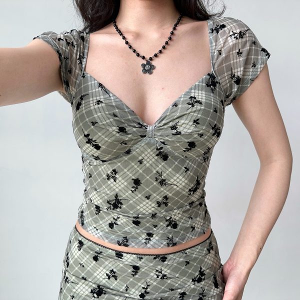Retro Velvet Plaid Short Sleeve T-Shirt & Bodycon Skirt Set for Women - European & American Style Summer Fashion