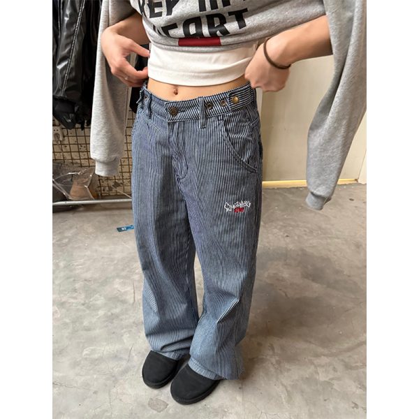 Retro Vertical Striped Jeans for Men and Women - Casual Embroidered Straight-Leg Loose Pants for a Slimming Fit