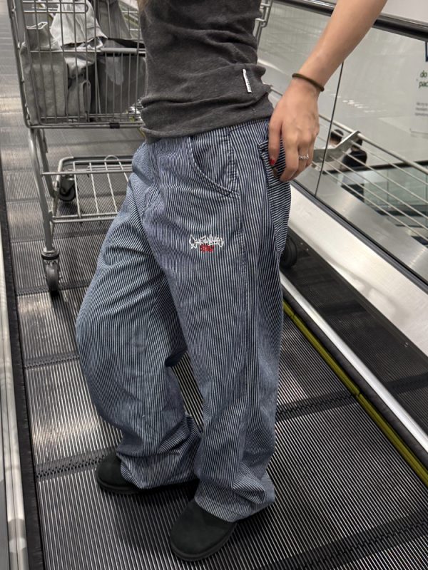 Retro Vertical Striped Jeans for Men and Women - Casual Embroidered Straight-Leg Loose Pants for a Slimming Fit