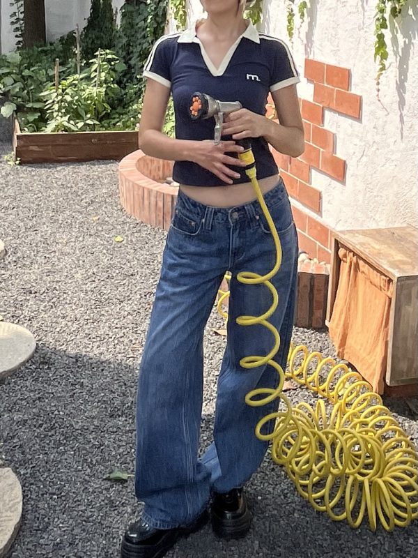 Retro Vertical Striped Washed Wide-Leg Slim Straight-Leg Low-Waist Jeans for Women - Spring/Summer 90s Y2K Style