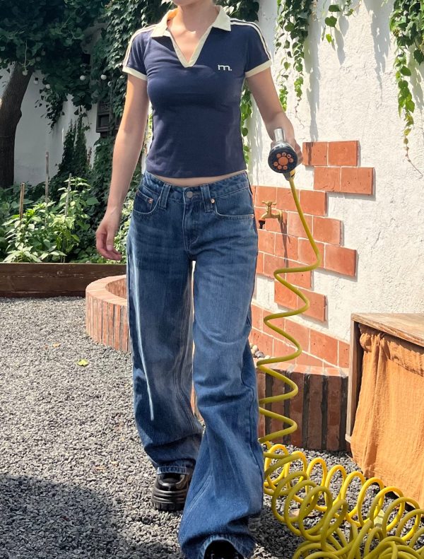 Retro Vertical Striped Washed Wide-Leg Slim Straight-Leg Low-Waist Jeans for Women - Spring/Summer 90s Y2K Style