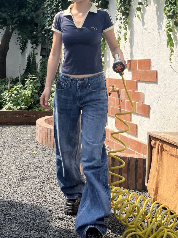 Retro Vertical Striped Washed Wide-Leg Slim Straight-Leg Low-Waist Jeans for Women - Spring/Summer 90s Y2K Style