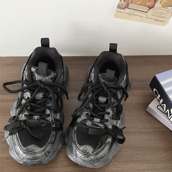 Retro Vintage Black Warrior Dad Shoes for Women - Thick-Soled Height-Increasing Sports Casual Sneakers, Trendy 2025 Style