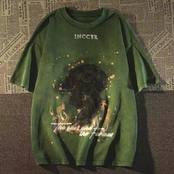 Retro Vintage Distressed Green Short Sleeve T-Shirt for Women - Trendy Summer Base Top in European and American Style