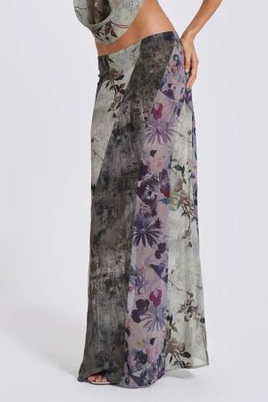 Retro Vintage Hot Girl Plant Print Midi Skirt - Trendy National Style Long Skirt for Y2K and 90s Fashion Lovers