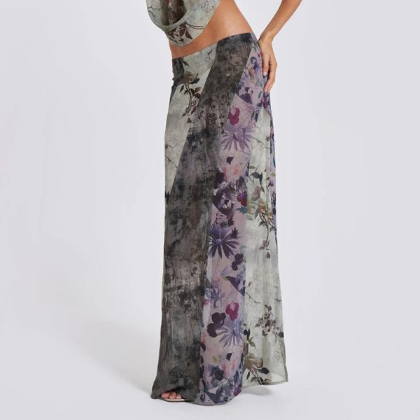 Retro Vintage Hot Girl Plant Print Midi Skirt - Trendy National Style Long Skirt for Y2K and 90s Fashion Lovers