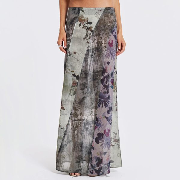 Retro Vintage Hot Girl Plant Print Midi Skirt - Trendy National Style Long Skirt for Y2K and 90s Fashion Lovers