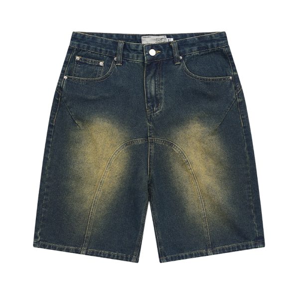 Retro Washed Pleated Straight-Leg Denim Shorts - Harsh Street Style Inspired, 90s Vintage Look