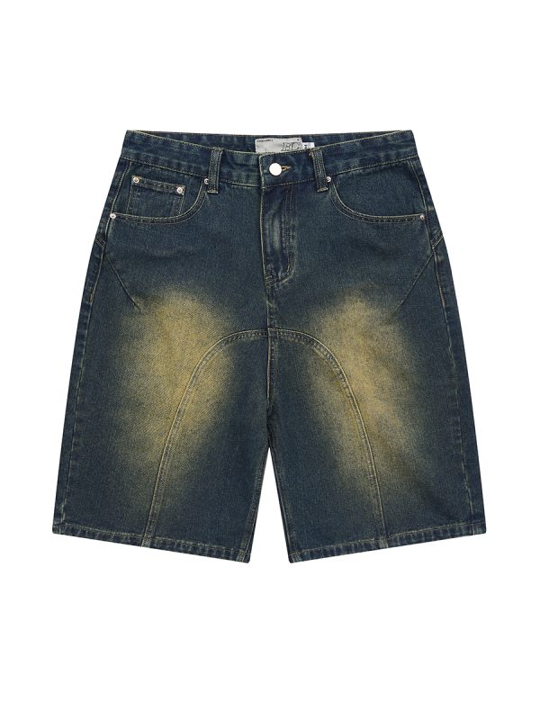 Retro Washed Pleated Straight-Leg Denim Shorts - Harsh Street Style Inspired, 90s Vintage Look