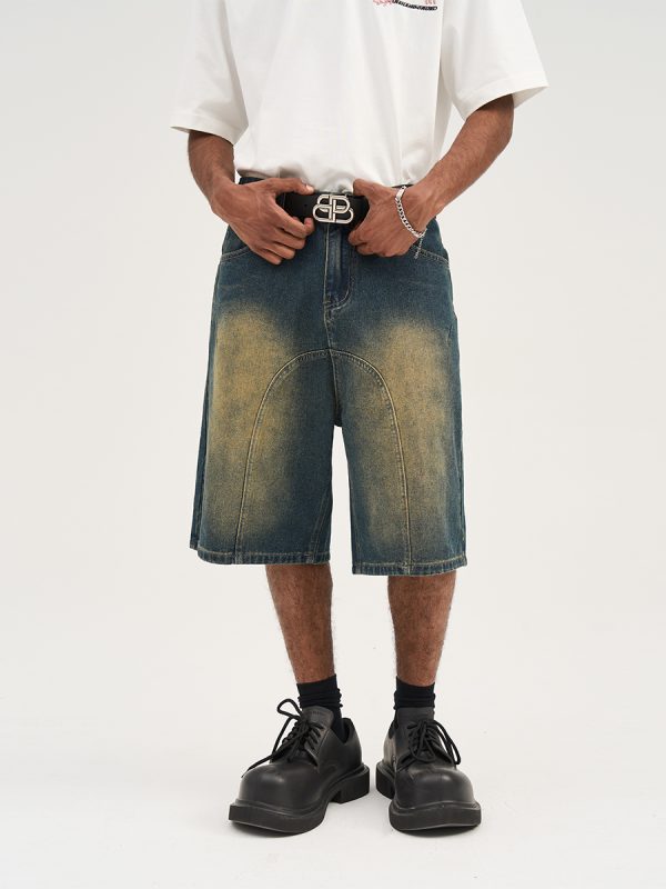 Retro Washed Pleated Straight-Leg Denim Shorts - Harsh Street Style Inspired, 90s Vintage Look