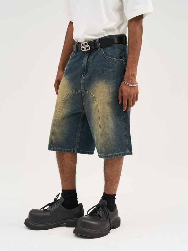 Retro Washed Pleated Straight-Leg Denim Shorts - Harsh Street Style Inspired, 90s Vintage Look