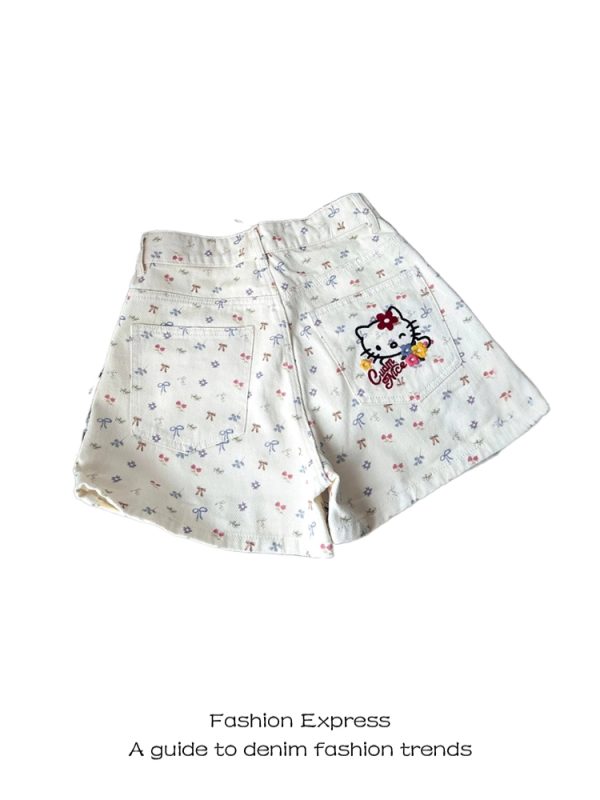 Retro White Denim Bow Shorts for Women - Cute Cat & Cherry Print, Wide-Leg Hot Pants, Trendy 90s Style