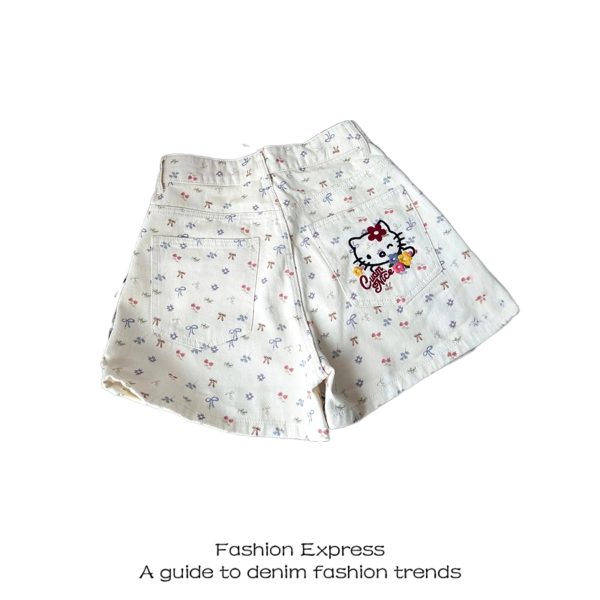 Retro White Denim Bow Shorts for Women - Cute Cat & Cherry Print, Wide-Leg Hot Pants, Trendy 90s Style