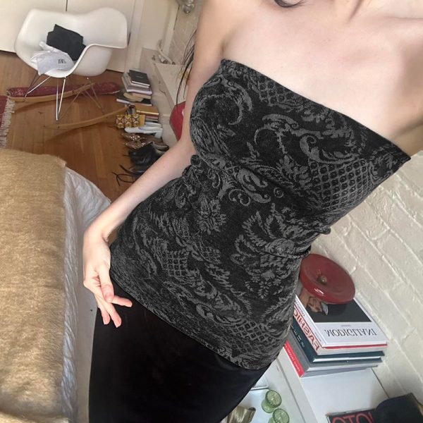 Retro Y2K Printed Slim Fit Strapless Women's Wrap Crop Top - Trendy Hot Girl Style