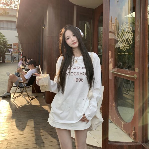 Rhinestone Letter Long Sleeve T-Shirt for Women - Loose Fit High Street Style Sun Protection Cover-Up Top