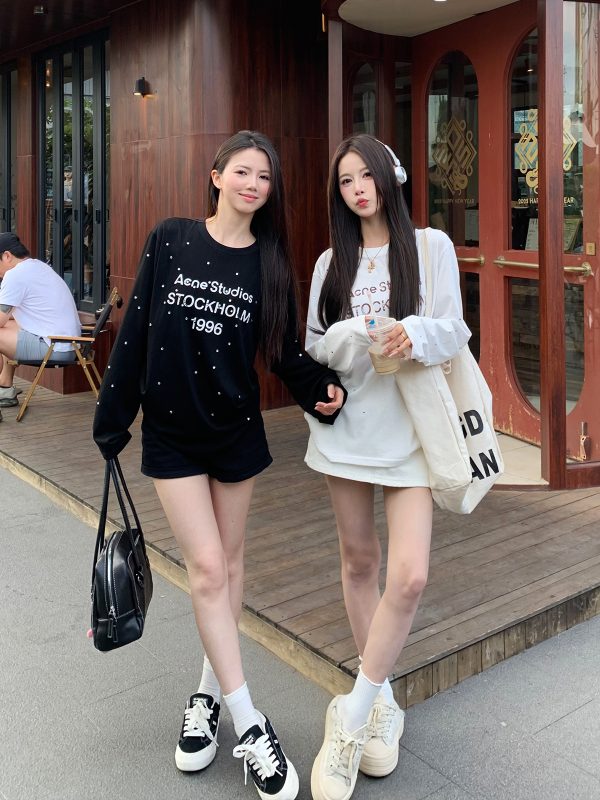 Rhinestone Letter Long Sleeve T-Shirt for Women - Loose Fit High Street Style Sun Protection Cover-Up Top