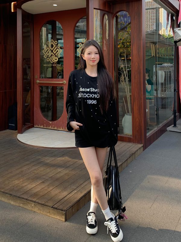 Rhinestone Letter Long Sleeve T-Shirt for Women - Loose Fit High Street Style Sun Protection Cover-Up Top