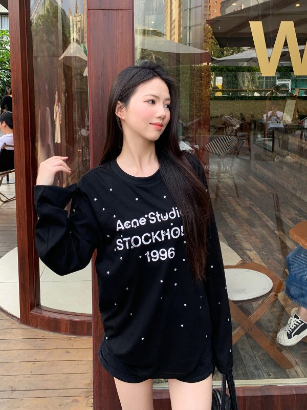 Rhinestone Letter Long Sleeve T-Shirt for Women - Loose Fit High Street Style Sun Protection Cover-Up Top