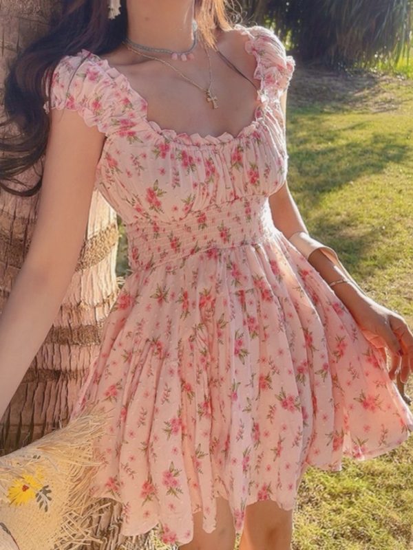 Romantic Floral Puff Sleeve Dress with French Square Neck - Handmade Hawaiian Style for Spring/Summer Vacation 2025