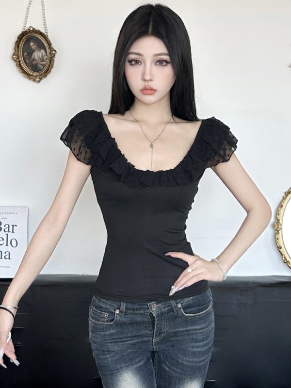 Romantic French Low-Neck Ruffled Backless Short Top for Women with Flutter Sleeves - Vacation Style Slim Fit Tank Top