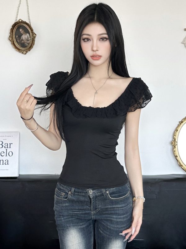 Romantic French Low-Neck Ruffled Backless Short Top for Women with Flutter Sleeves - Vacation Style Slim Fit Tank Top