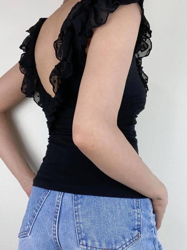 Romantic French Low-Neck Ruffled Backless Short Top for Women with Flutter Sleeves - Vacation Style Slim Fit Tank Top