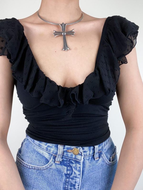 Romantic French Low-Neck Ruffled Backless Short Top for Women with Flutter Sleeves - Vacation Style Slim Fit Tank Top