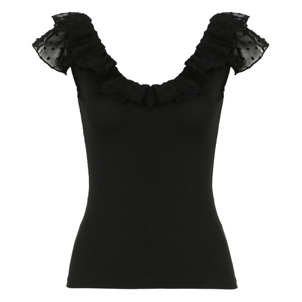 Romantic French Low-Neck Ruffled Backless Short Top for Women with Flutter Sleeves - Vacation Style Slim Fit Tank Top