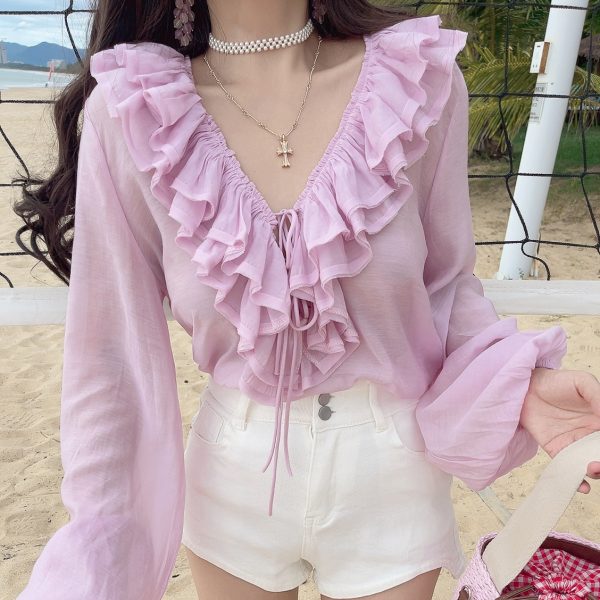 Romantic Multi-Layer Ruffled Tie-Sleeve Lantern Sleeve Fairy Vacation Shirt - Handmade Spring/Summer 2025 Fashion