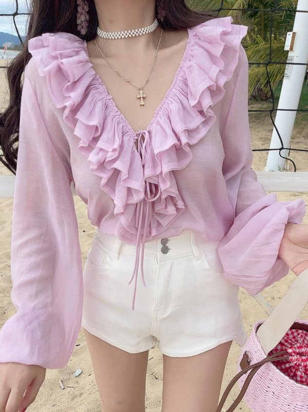 Romantic Multi-Layer Ruffled Tie-Sleeve Lantern Sleeve Fairy Vacation Shirt - Handmade Spring/Summer 2025 Fashion