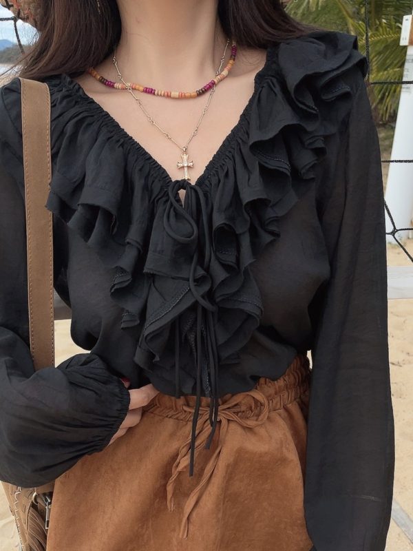 Romantic Multi-Layer Ruffled Tie-Sleeve Lantern Sleeve Fairy Vacation Shirt - Handmade Spring/Summer 2025 Fashion