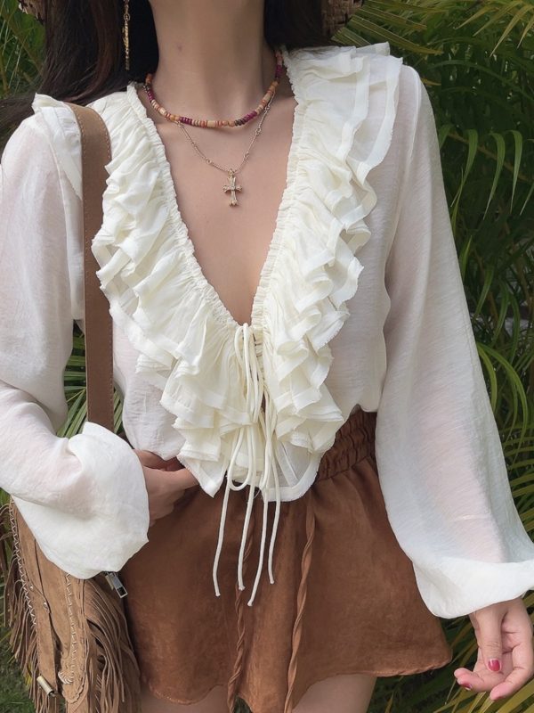 Romantic Multi-Layer Ruffled Tie-Sleeve Lantern Sleeve Fairy Vacation Shirt - Handmade Spring/Summer 2025 Fashion