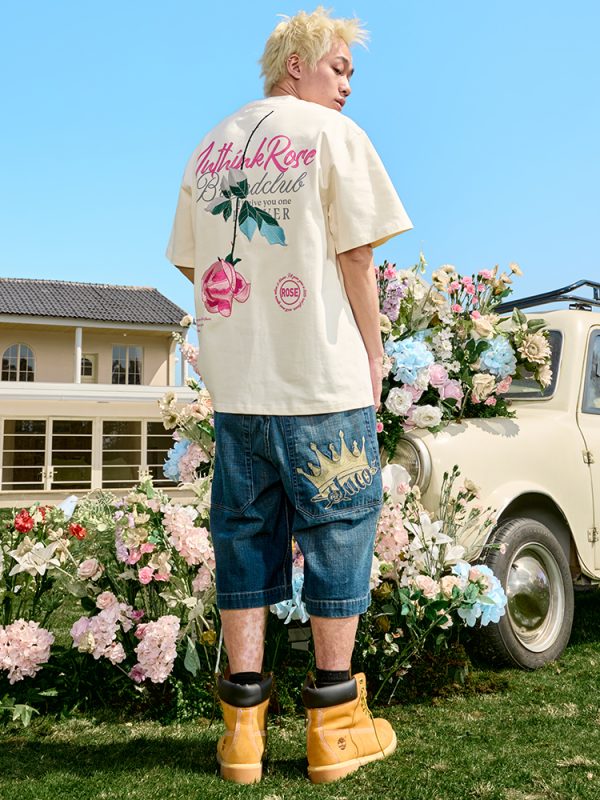 Rose Embroidery Heavyweight Short Sleeve T-Shirt - American Retro Loose Fit for Men and Women, 2025 Y2K Style